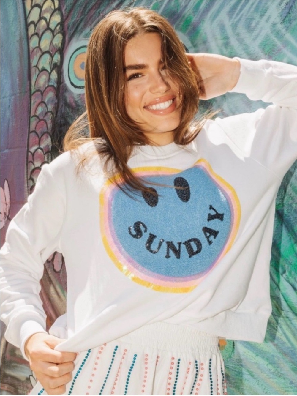 QOS White Sunday Graphic Sweatshirt - Blue & Pastel Smiley